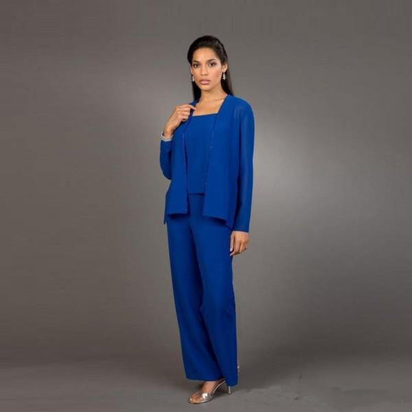 Royal Blue mother bride Pant Suits Plus Size Mother of The Bride Pant Suits Elegant Chiffon Wedding Guest Party Suits For Groom Mother