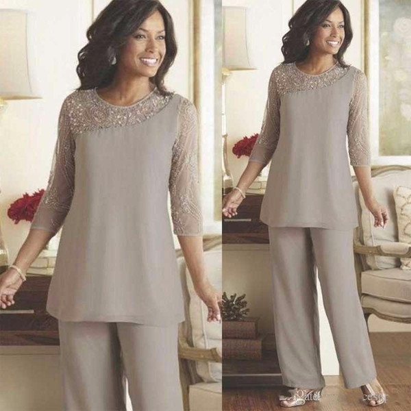 Gray Chiffon Mother of the Bride Suits with 3/4 Lace Sleeve Mother Dresses Pants Suit Women Formal Gown