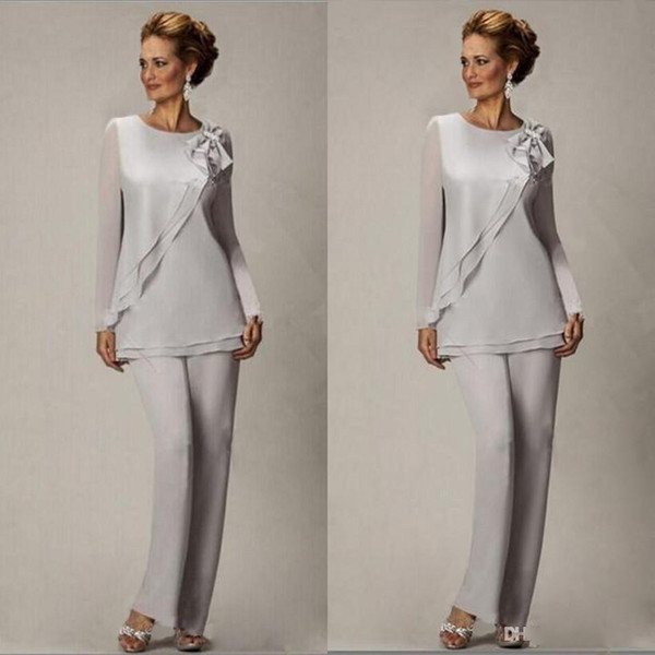 Light Gray Long Sleeve Mother of the Bride Suits Chiffon Women Formal Wear Mother Pant Suit