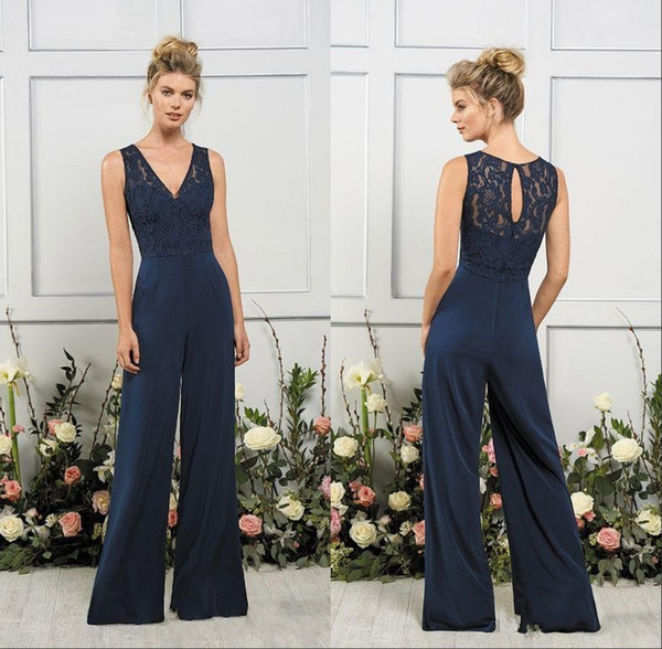 Vintage Navy Blue V Neck Mother of the Bride Suits Keyhole Back Design Mother of the Bride Dress Women Pant Suit Formal Wear