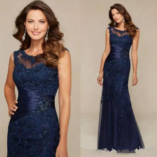 Modest Navy Blue Mother Dresses Sheer Neck sheath Mother of the Bride Gown Appliques Beaded Sequins Women Formal Gown