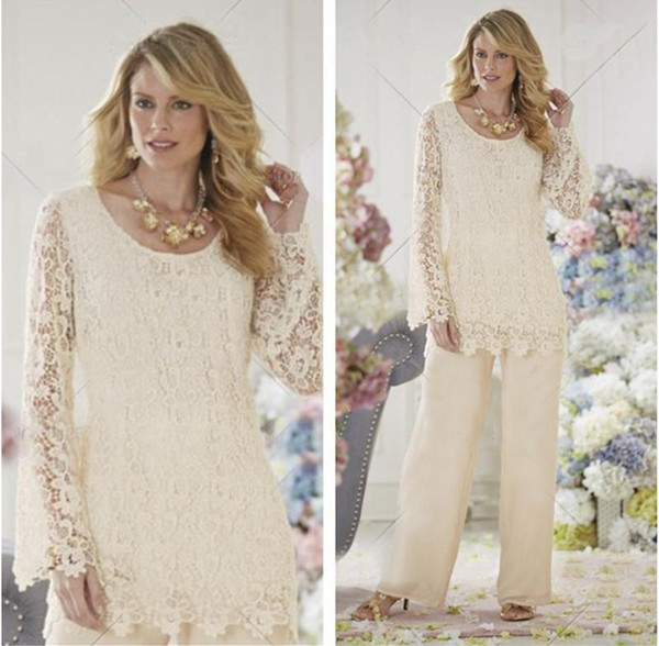 Lace Mothers of the Bride Suits Plus Size Pants Jewel Neckline Lace Illusion Long Sleeves Two Pieces Mother of the Bride Dresses