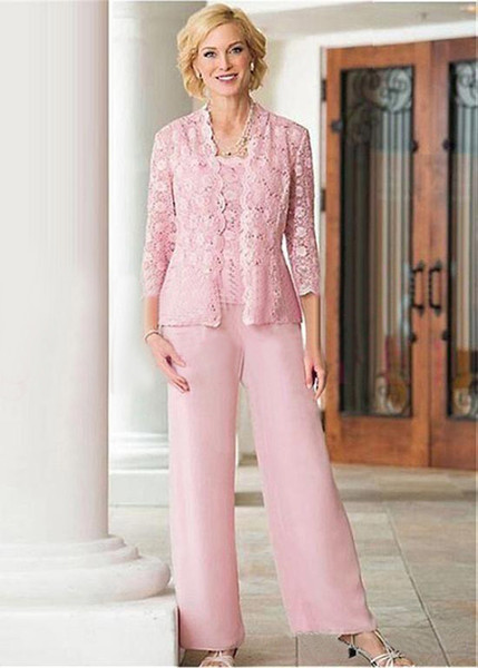 Elegant Three Piece Mother Of The Bride Pant Suits with Lace Jacket Long Sleeves Formal Chiffon Mother's Outfit Suits Custom Plus Size