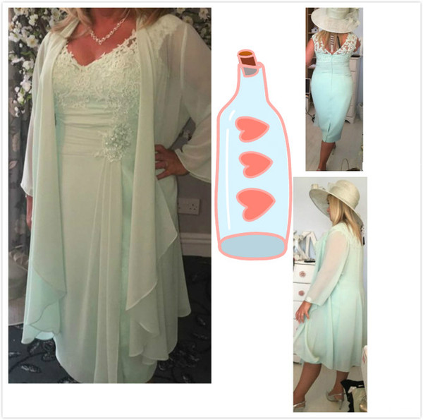 Mint Green 2 Piece Lace Chiffon Mother of The Bride Dress Plus Size with Jacket V Neck Short Formal Evening Dress