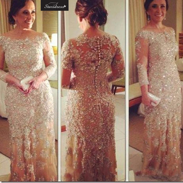 2016 New Arrival Champagne Bling Mermaid Applique Beading Sequined Evening Dresses Long Sleeve Mother of the Brides Dresses