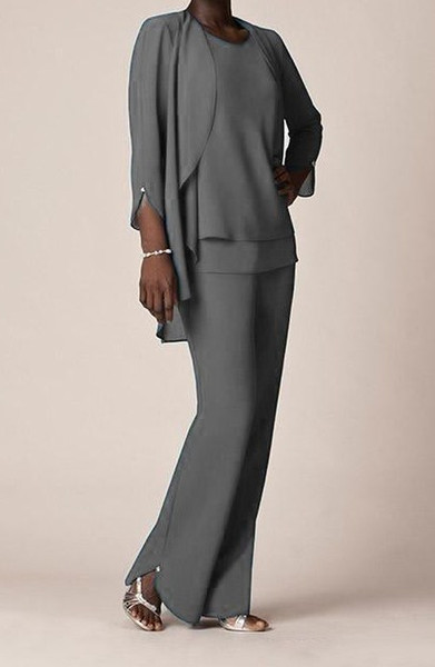 Elegant Grey Chiffon Formal Pant Suits For Mother Groom Dresses Evening Wear Long Bride Dresses With Jackets Plus Size Custom