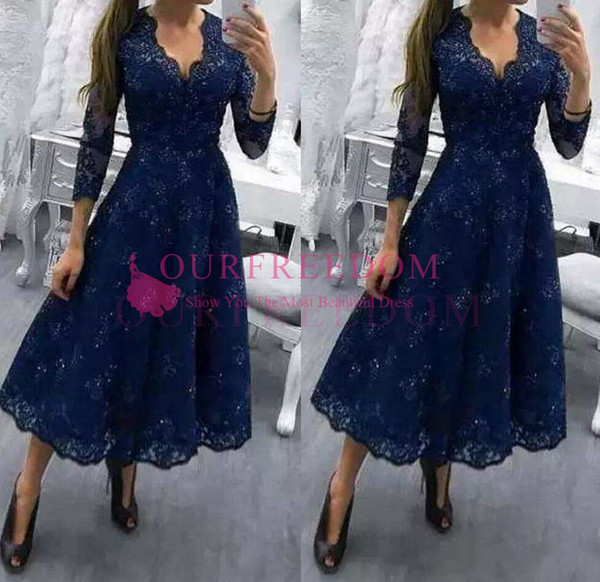 Tea Length Plus Size Lace V Neck Mother Of The Bride Dresses 3/4 Long Sleeves Appliqued A Line Formal Wedding Guest Gowns Evening Dress