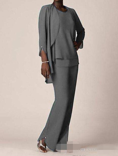 .Grey Chiffon Formal Pant Suits For Mother Groom Dresses Evening Wear Long Mother of the Bride Dresses With Jackets Plus Size Custom