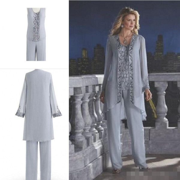 New Arrival 2016 Mother Of The Bride Three-Piece Pant Suit Chiffon Beach Wedding Mother's Groom Dress Long Sleeve Beads Wedding Guest Dress