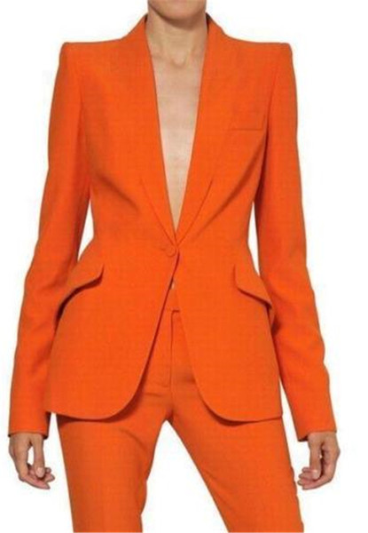 Bespoke Orange Womens Pant Suits Ladies Business Office Slant Pockets Tuxedos Formal Work Wear Suits