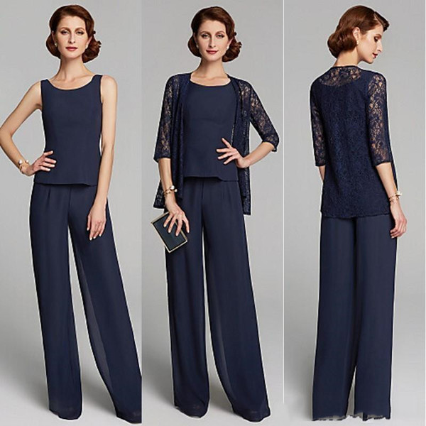 Mother of the Bride Pant Suits Jewel Neck Floor Length Lace Jackets Chiffon Pants Suits Party Gowns Formal