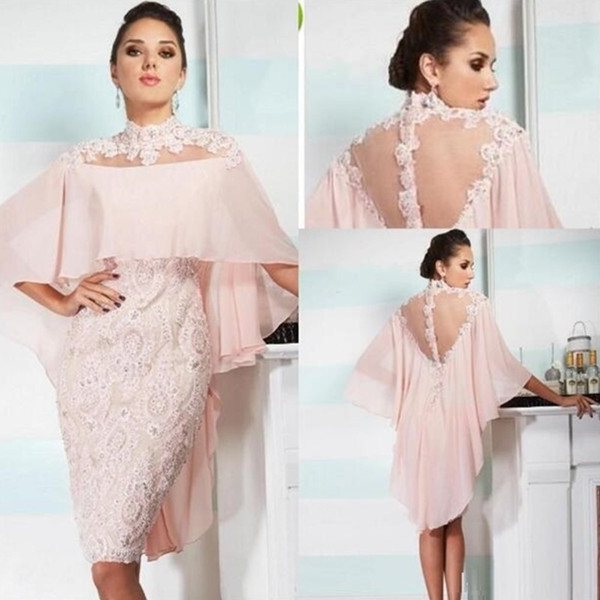 Sexy Short Blush Pink Mother of bride dresses Illusion Chiffon Lace Appliques Beads With Wraps Plus Size Party Wedding Guest Gowns