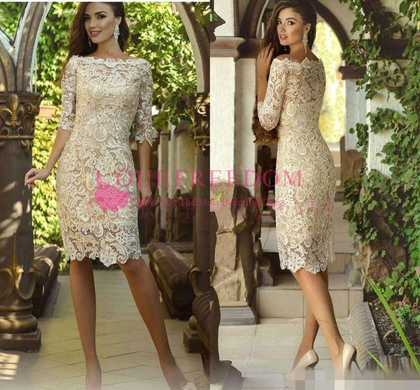 New 1/2 Long Sleeves Lace Knee Length Mother 's Dresses Scoop Neck Applique Sheath Short Party Cocktail Dresses