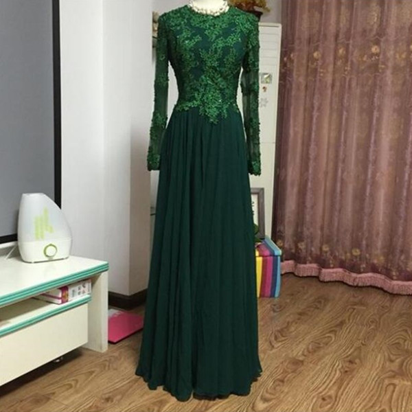 Vintage Jewel Neck Chiffon Long Evening Dresses with Lace Appliques New Long Sleeves Prom Dress Floor Length Mother of Bride Dress