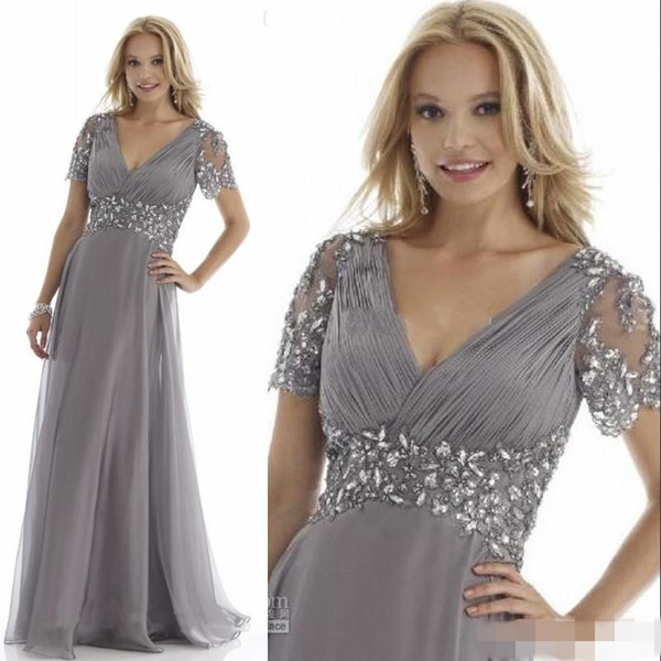 Silver Short Sleeve V Neck Mother Dresses A Line Beaded Crystal Floor Length Mother Of The Bride Dresses Formal Evening Occasion Dress