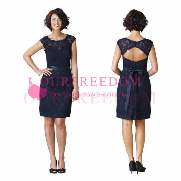 Elegant Navy Blue Lace Short Mother Dresses Crew Neck Sheath Hollow Back Wedding Guest Formal Evening Party Dresses Custom Made