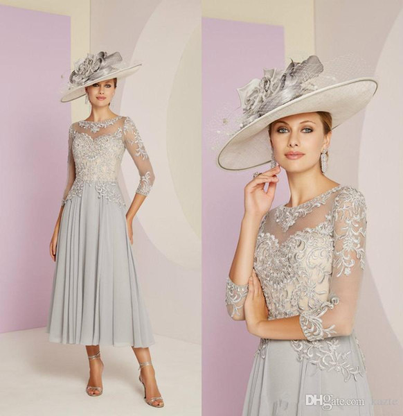 3/4 Illusion Long Sleeves Newest Mother of the Bride Dresses Lace Applique Tea Length Ruched Chiffon Wedding Guest Dress Party