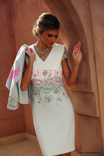 Elegant V Neck Mother Dresses Knee Length With Jacket Lace Appliques Formal Evening Occasion Dresses Custom Made