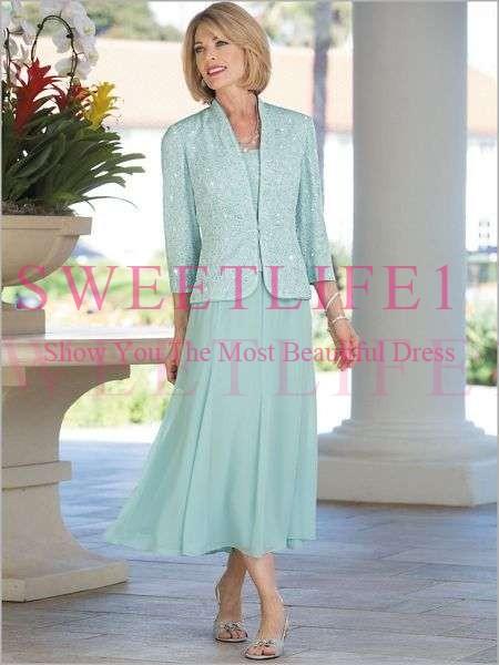 Mint Green With Jacket Mother Dresses Long Sleeve Ankle Length Chiffion Sequin Lace Formal Mother Evening Party Prom Wear Custom Made