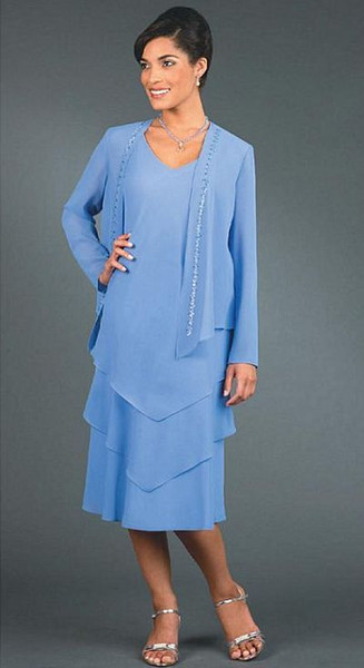 New Blue Chiffon Knee Length Mother's Dresses With Long Sleeve Jacket Mother of Grooms Suits For Country Wedding