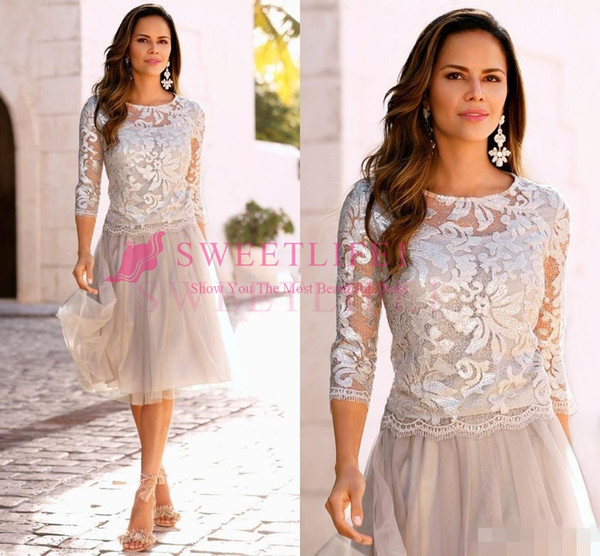 Newest Short Mother Of The Bride Dresses Lace Tulle Knee Length 3/4 Long Sleeves Mother Bride Dresses Short Prom Dresses