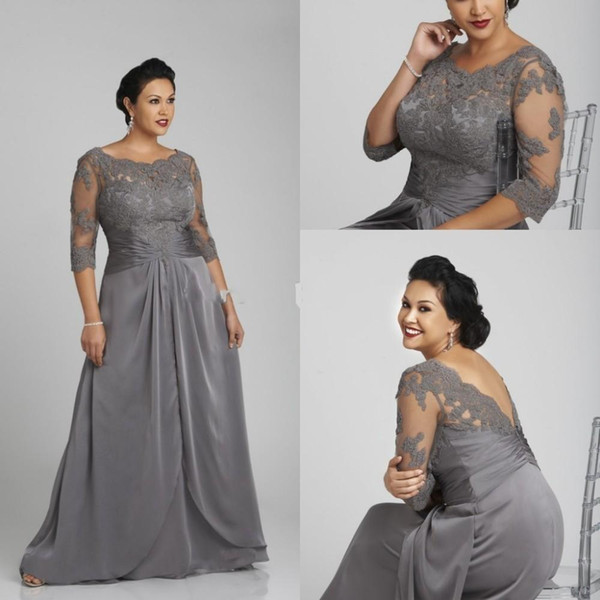 Grey Mother Off Bride Dresses Sheer Neck Applique Open Back Vintage 3/4 Long Sleeves Women Formal Evening Gowns