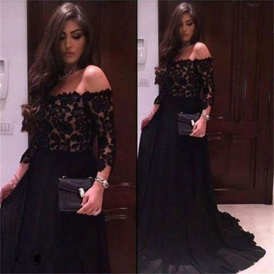 Black Off The Shoulder Mother Dresses Long Sleeve Lace A Line Soft Chiffon Sweep Train Formal Mother Of The Bride Dresses Cheap