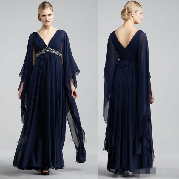 Navy Blue Chiffon Formal Mother Of Bride Evening Dresses V Neck High Waist Beaded Floor Long Plus Size Prom Party Gowns Cheap