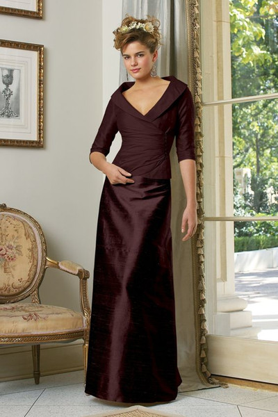 Burgundy Taffeta Long Mother's Dresses 1/2 Long Sleeve V Neck Formal Evening Occasion Evening Dresses Custom Made