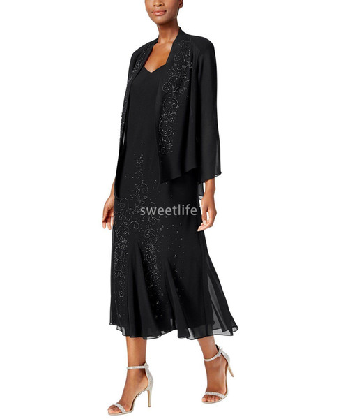 New Arrival With Jacket Mother Dresses Tea Length Chiffon Shining Beaded Formal Evening Wedding Mother Of Bride Dresses