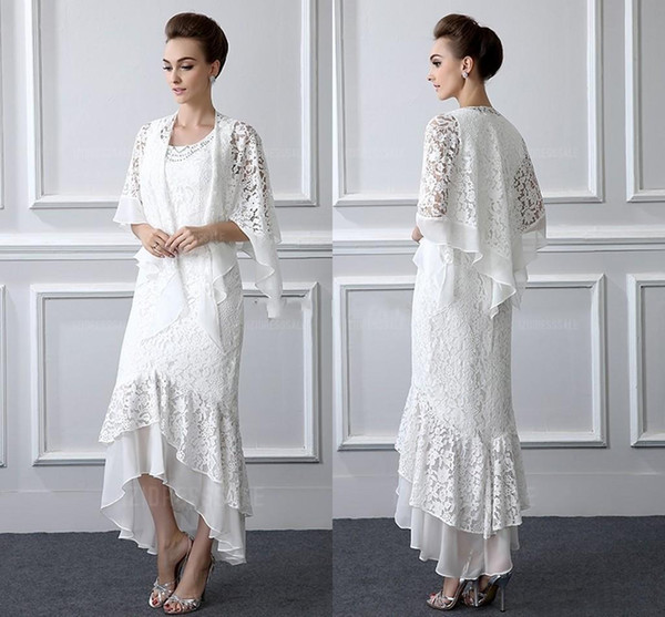 Mother of the Bride Dress with Jacket Lace White Hi Lo Sheath Mothers Dresses Custom Made Women