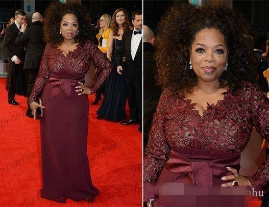 Oprah Winfrey Burgundy Long Sleeves Mother of the Bride Dresses V-Neck Sheer Lace Sheath Plus Size Sale Celebrity Red Carpet Gowns