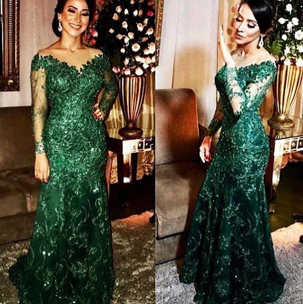 Dark Green Long Sleeve Mother Dresses Mermaid Lace Applqiues Floor Length Formal Evening Occasion Mother Of The Birde Dresses