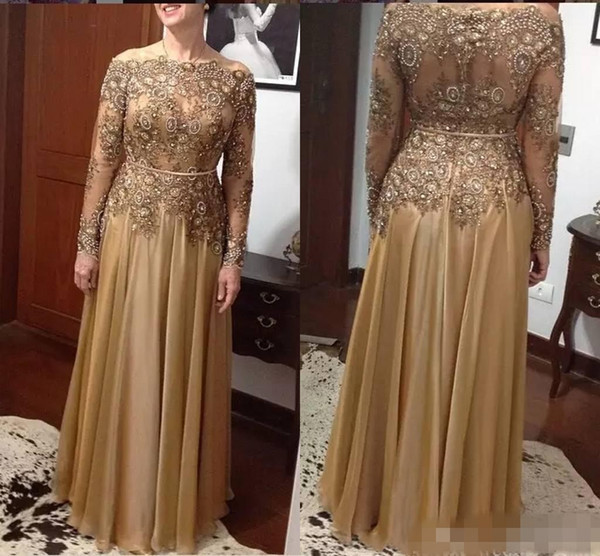 Elegant Gold A Line Lace Bead Mother of the Bride Dresses Plus Size Chiffon Floor-length Zipper Back Mother's Dresses Formal Evening Dresses