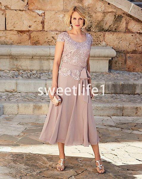 New Scoop Neck Short Sleeve Mother Of The Bride Dresses Tea Length Chiffon Formal Evening Occasion Prom Party Dresses Custom Made