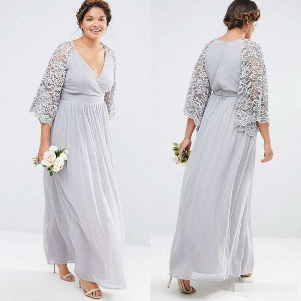 Silver Gray Lace Chiffon Bohemian Plus Size Bridesmaid Dresses Modest Bell Sleeves Country Wedding Party Junior Bridesmaid Dress cheap