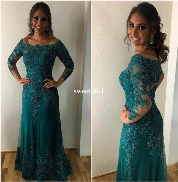 Dark Green Bateau Neck Mother Of Bride Dresses Lace & Appliques Long Sleeve Mother's Dresses Custom Made