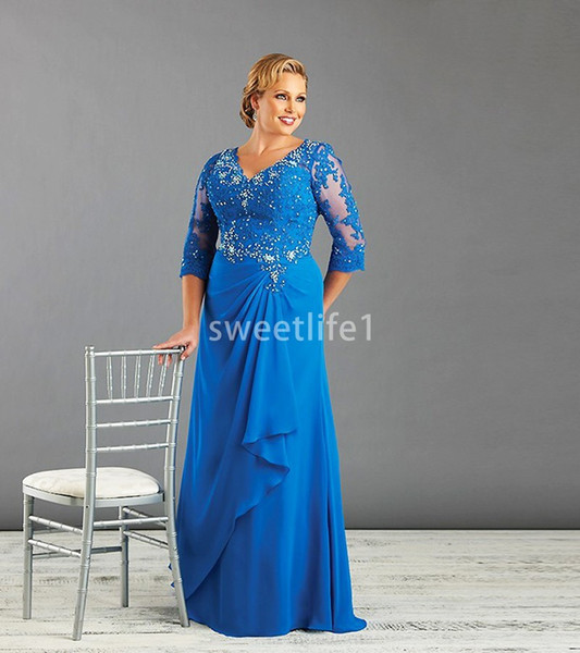 Plus Size Beaded Lace Royal Blue Mother of The Bride Dresses For Weddings Chiffon 3/4 Sleeve V Neck Groom Godmother Dresses