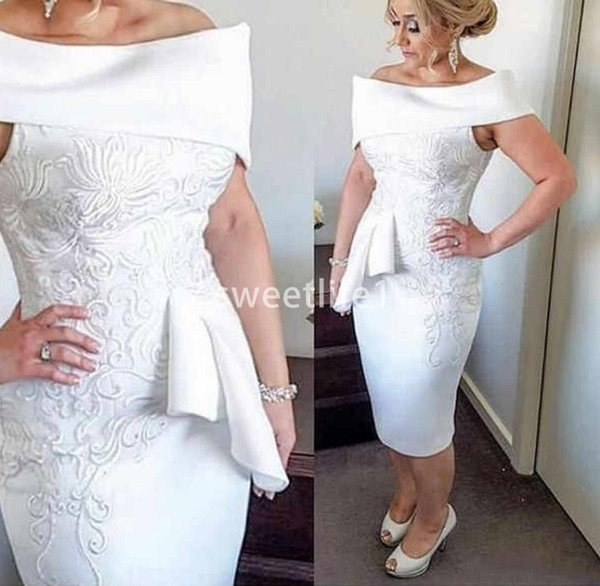 Classical White Off The Shoulder Mother Of The Bride Dresses Sheath Tea Length Satin Appliques Formal Evening Occasion Prom Dresses