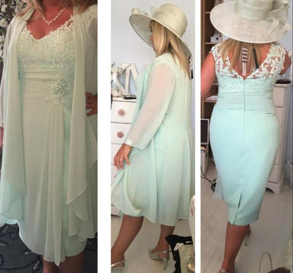 Mint Green V Neck Column Short Mother of the Bride Dresses with Wrap Plus Size Casual Chiffon Evening Gowns Lace Tea Length