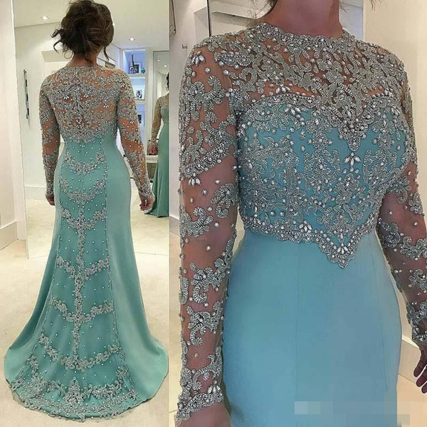 Luxurious Beaded Sequins Appliques Plus Size Mermaid Mother Dresses Sheer Long Sleeves Jewel Neck Formal Evening Prom Gowns Celebrity Dress