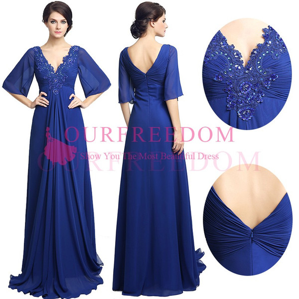 Real Image Royal Blue V Neck Mother's Dresses Half Sleeve Chiffon Appliques Lace Formal Evening Occasion Mother Of Bride Dresses