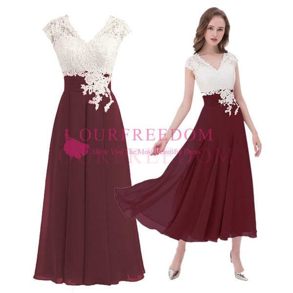 Elegant Burgundy Chiffon Mother Of Bride Dresses Lace V Neck Ankle Length Formal Evening Weeding Wear Custom Made