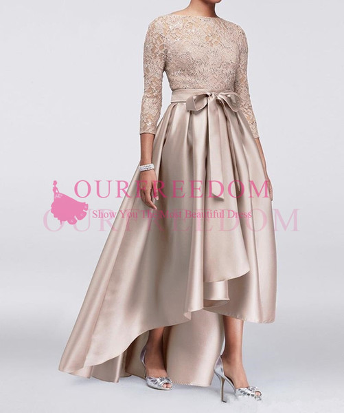 New Crew Neck Lace Mother's Dresses Hi Low Elastic Silk like Satin Long Sleeve Formal Evening Occasion Party Gown Custom Made Hot Sale