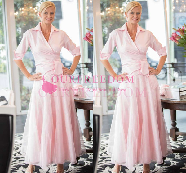 New Elegant Pink 3/4 Long Sleeve Mother Of The Bride Dresses V Neck A Line Tulle Ankle Length Mother Dresses Formal Evening Occasion