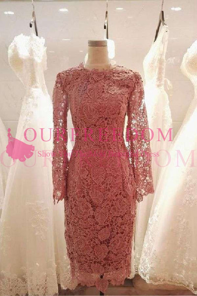 Elegant Pink Lace Long Sleeve Mother Of The Bridal Dresses Crew Neck Sheath Lace Knee Length Formal Mothers Dresses Hot Sale