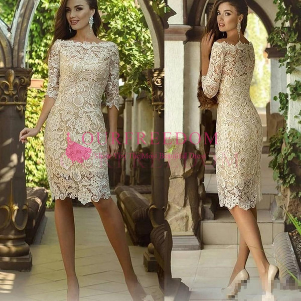 Elegant Bateau Neck Lace Mother Dresses Half Sleeve Knee Length Champagne Lace Mermaid Formal Occasion Prom Evening Dresses Custom Made