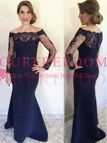 Elegant Navy Blue Mother Dresses Off The Shoulder Long Sleeve Lace Mermaid Floor Length Formal Evening Mother Of The Bride Dresses