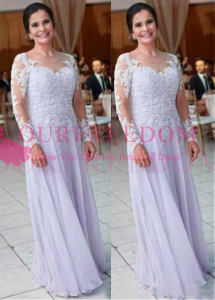 Lavendar Chiffon Floor Length Mother Dresses Long Sleeve Lace Appliques Jewel Neck A Line Floor Length Mother Of The Birde Dresses