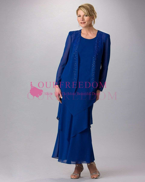 Blue With Jacket Mother Dresses Beaded Crystal Floor Length Tiered Skirts Mother Of The Grooms Dresses Outfits Hot Sale